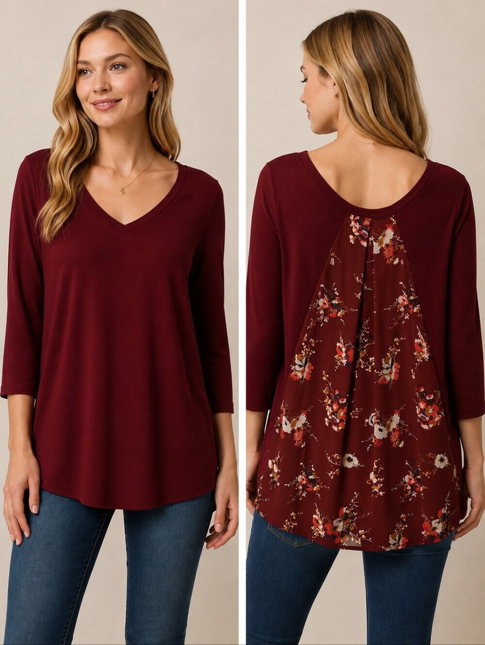 ❤️ LE LIS MIXED MEDIA 3/4 SLEEVE FLOWY FLORAL BACK V NECK TOP, SMAL